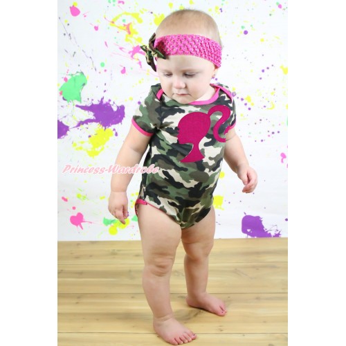 Camouflage Baby Jumpsuit & Hot Pink Barbie Princess Print & Hot Pink Headband Camouflage Satin Bow TH551